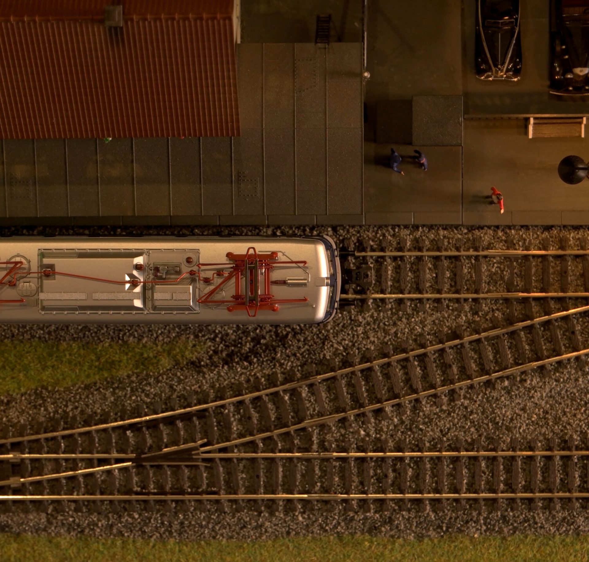 Top view train carriage on a railway. Retro railway station.